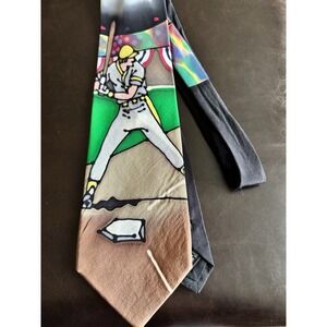 Robert Daskal Hand Sewn Hand Painted SIGNED ART Deco Silk Necktie Baseball RARE